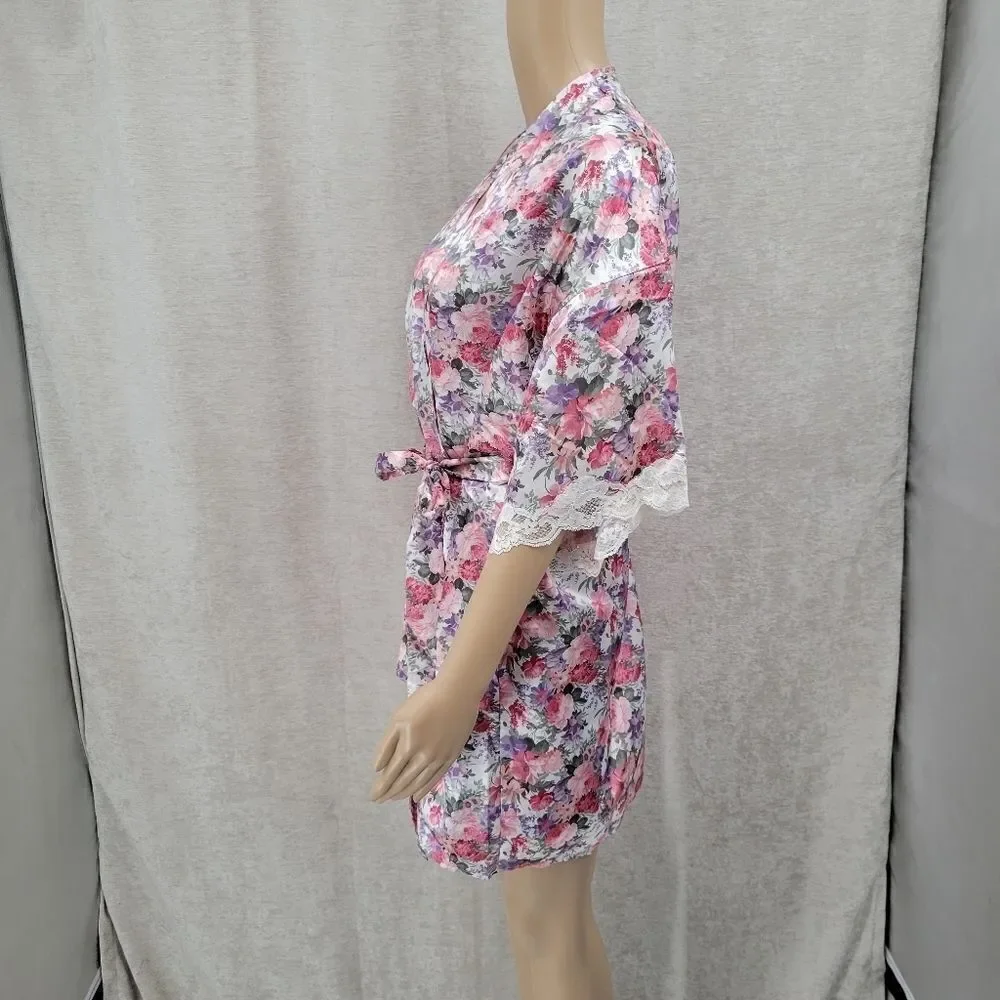 Floral Satin Lace Slip Dress Chemise Negligee and Matching Robe Set Pink